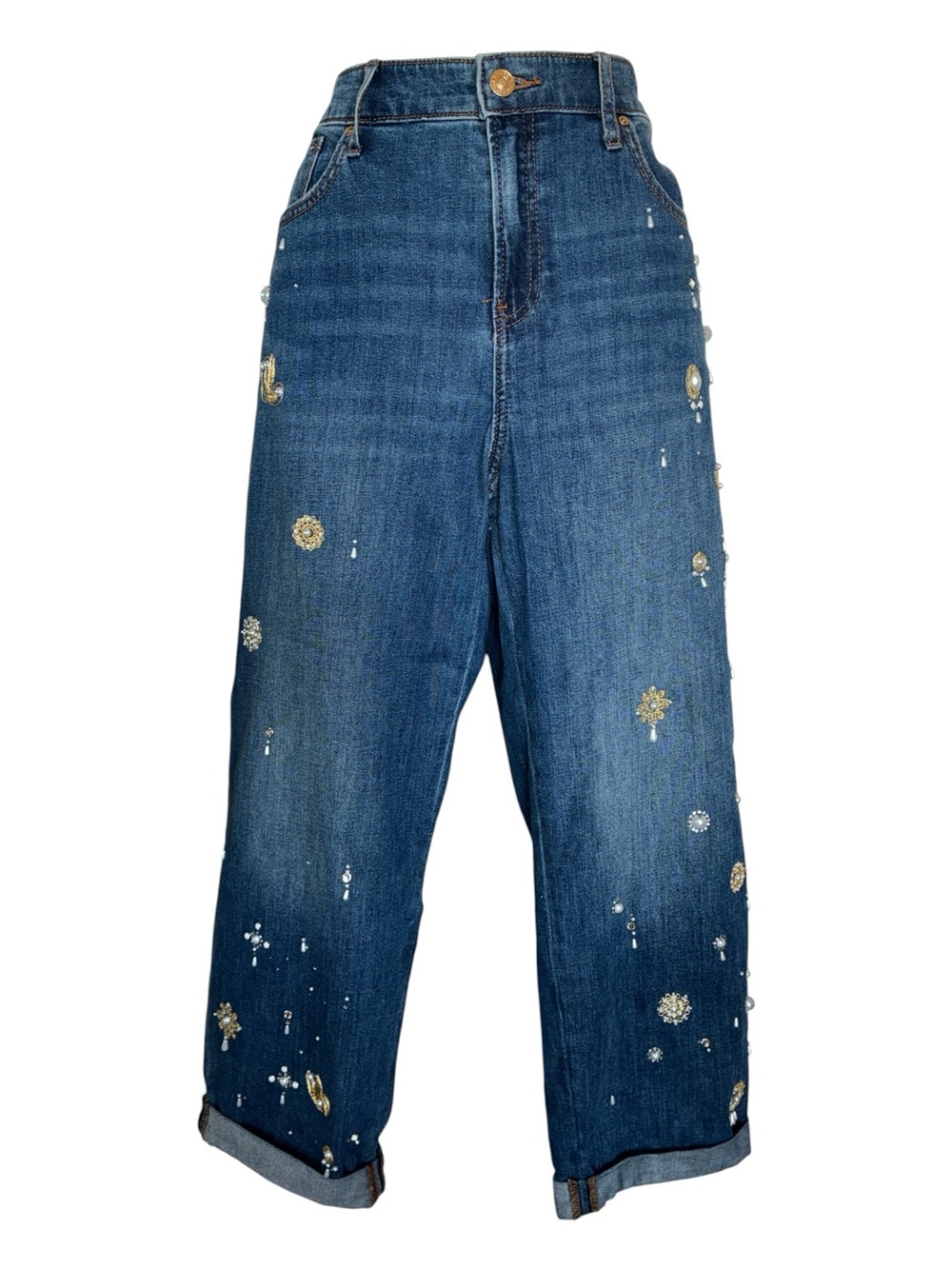Chico's Embellished Jeans Women’s 8 Blue capri pearls, gold wire, crystals. euc